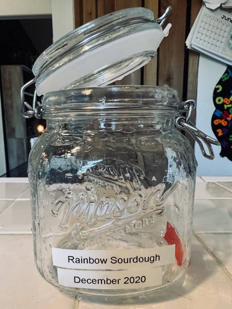 An empty Mason jar with an old Rainbow Sourdough label is still attached in Sue Evergreen's kitchen.