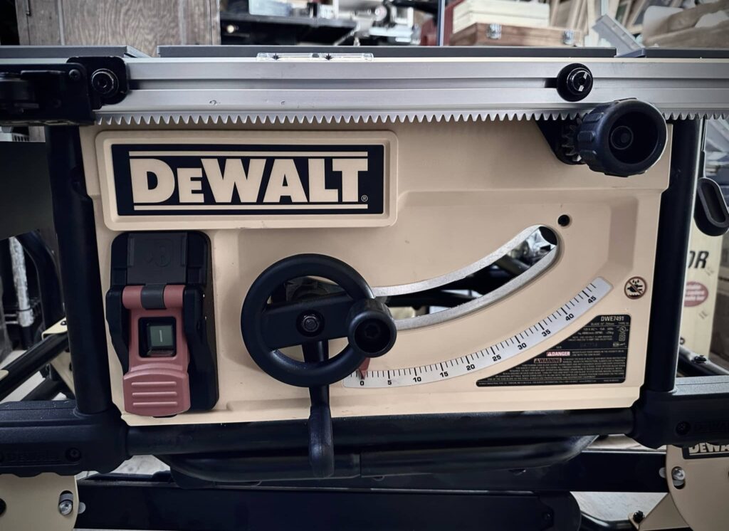 Dewalt Table Saw with a 10-inch blade, 15 amp motor on rolling collapsable stand.