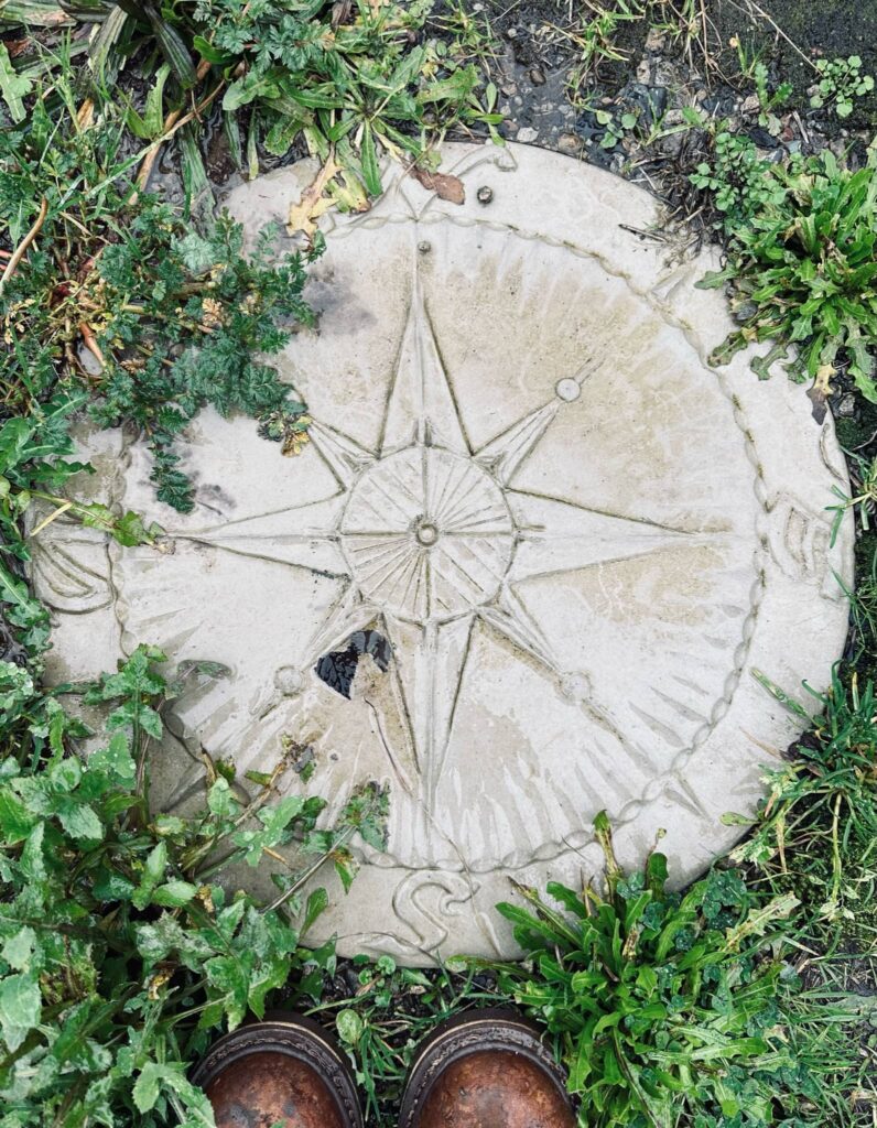 Compass Rose stepping stone in Sue Evergreen's garden. Garden in January, posted by Sue Evergreen.