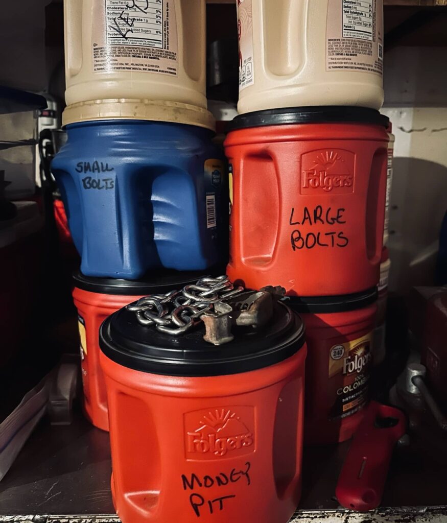 Old coffee cans are full of bolts and oddities. A Cup Full of the Past, posted by Sue Evergreen.