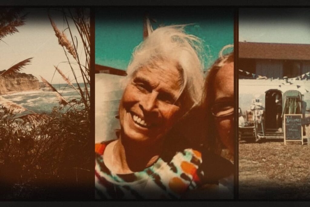 A vintage film reel collage of Kathy and Sue and a farmstand along the Santa Cruz, California Coast. Posted in "When a Song Tells Your Story" by Sue Evergreen.